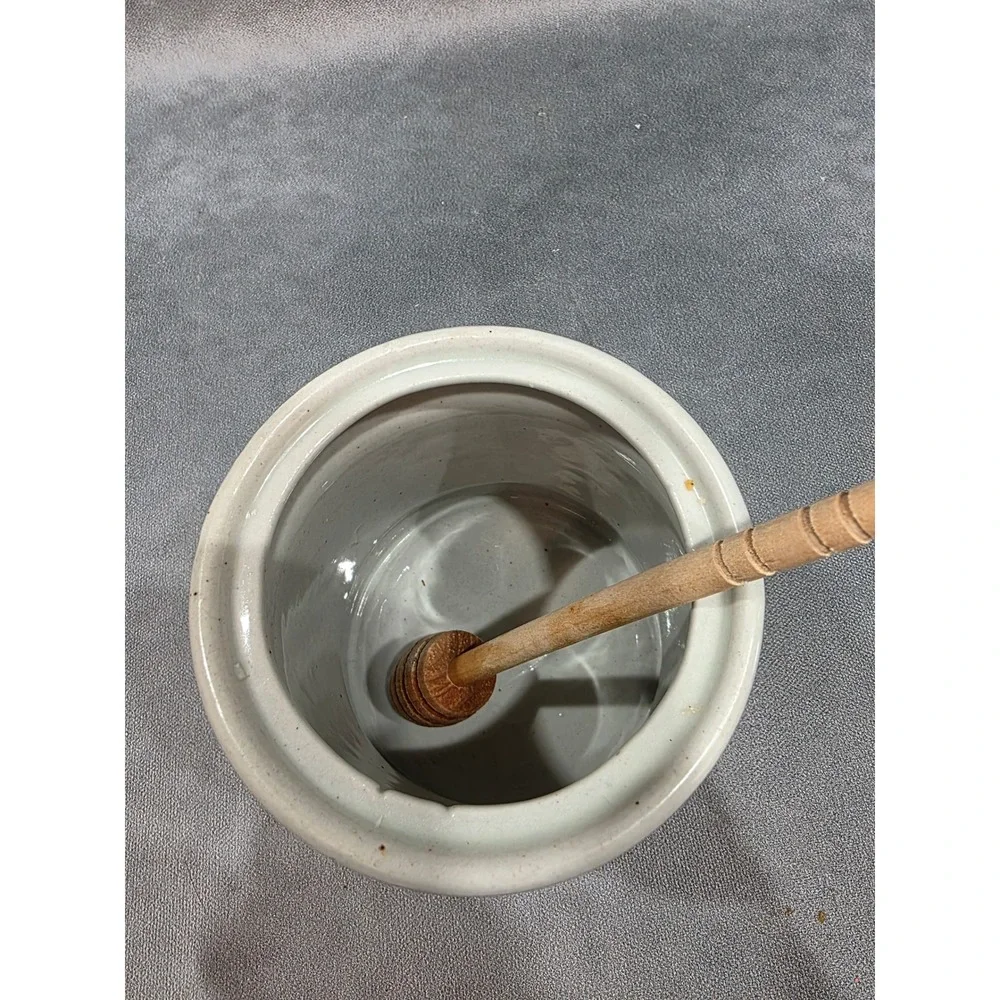 Vintage Stoneware Honey Pot with Lid and Wooden Dipper Blue Cream Ceramic Jar